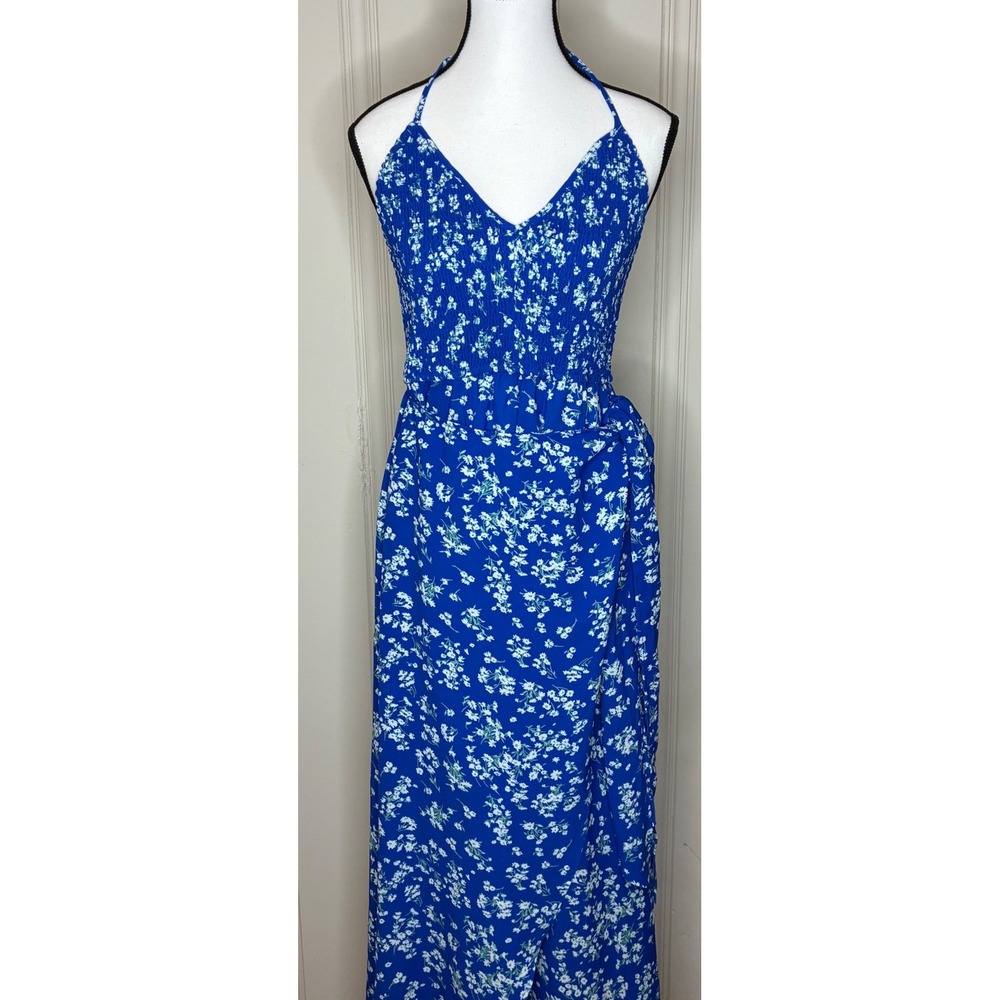 NWT Cupshe Blue Floral Halter Maxi Dress Smocked Faux Wrap Beach Resort Cruise M